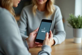 Femme accédant à l'interface d'administration du routeur 192.168.1.1 depuis un smartphone Android dans une cuisine