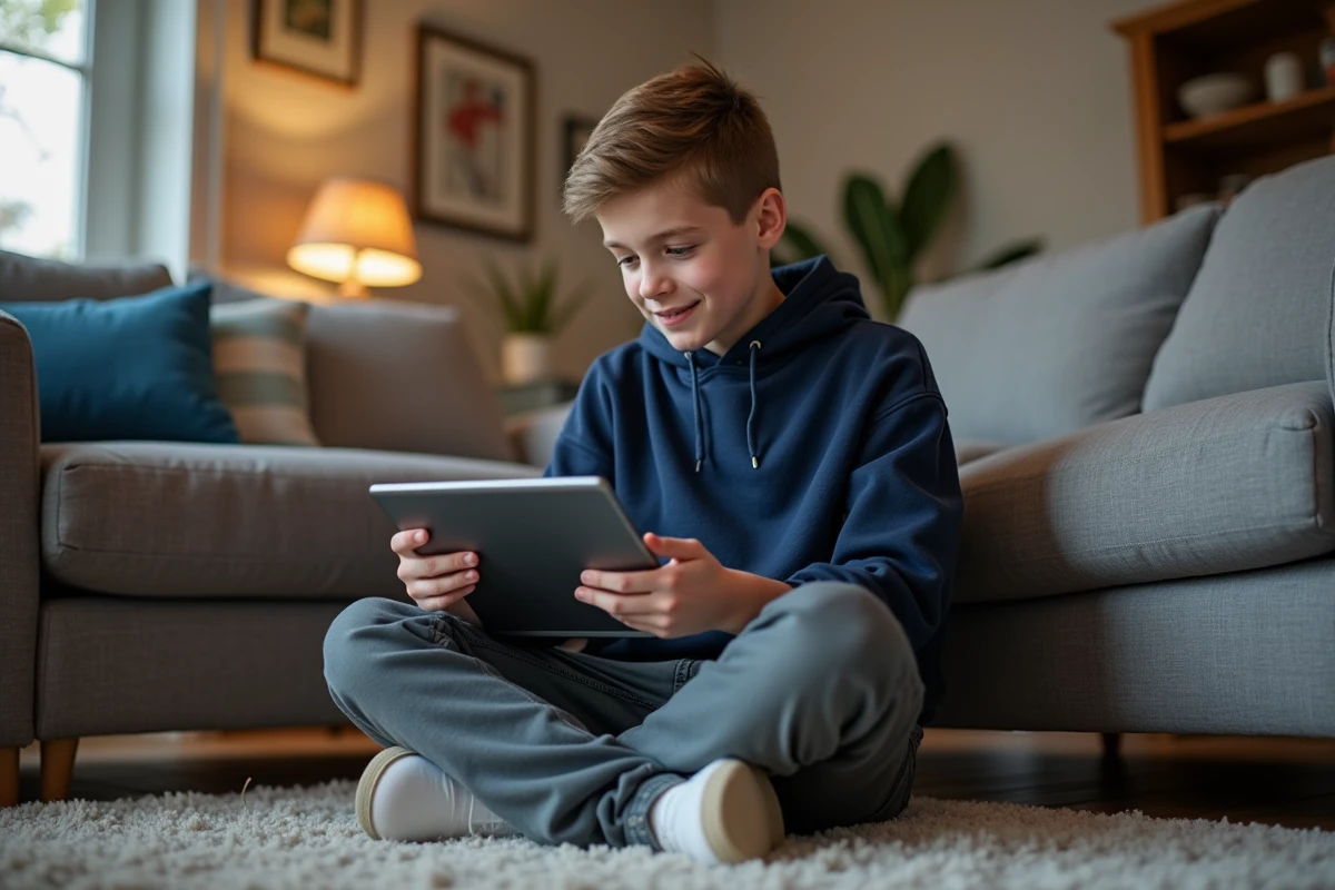 Adolescent utilisant une tablette dans un salon confortable