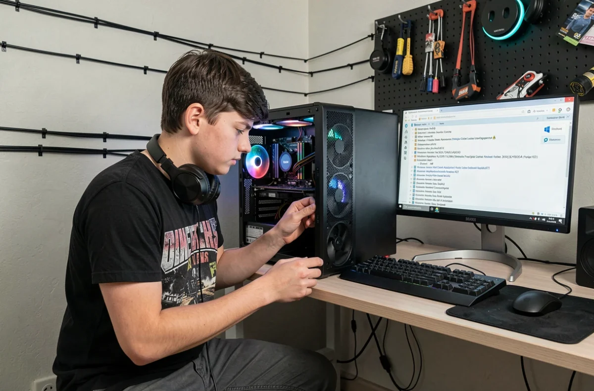 Adolescent inspectant son PC pour résoudre un bug FiveM lié au cache sur Windows