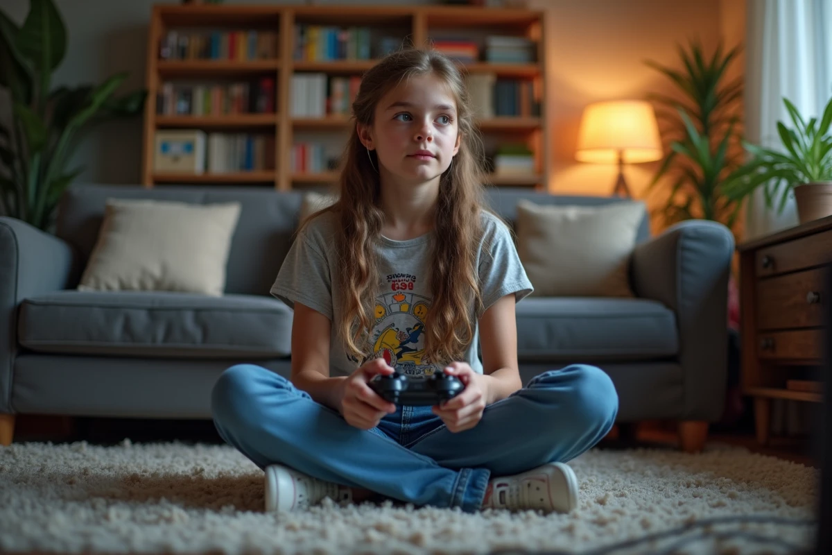 Fille adolescente jouant à CS2 dans un salon familial