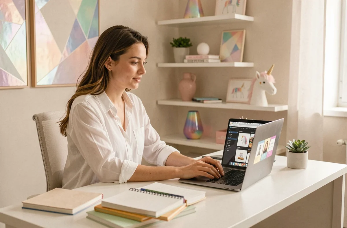 Professionnelle de l'agence Digital Unicorn travaillant sur un thème WordPress coloré dans un bureau créatif aux accents pastel