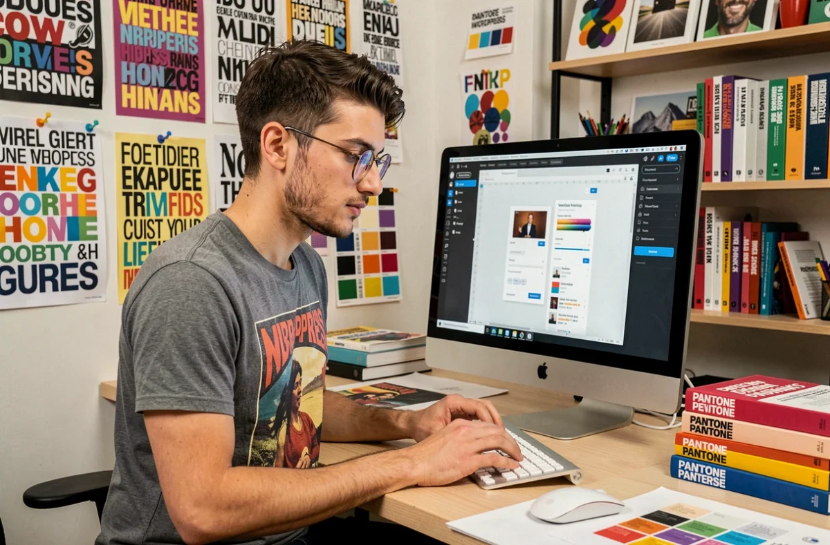 Designer d'Inleven Studio créant un thème WordPress personnalisé dans un studio créatif coloré orné de posters typographiques et d'échantillons de couleurs