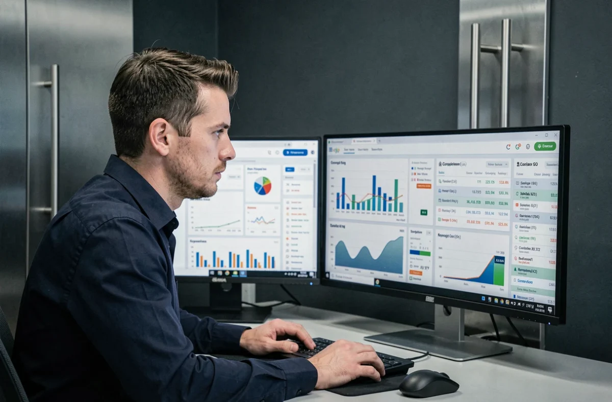 Développeur de l'agence Ranker analysant des tableaux de bord SEO et des graphiques de classement sur deux écrans dans un bureau épuré