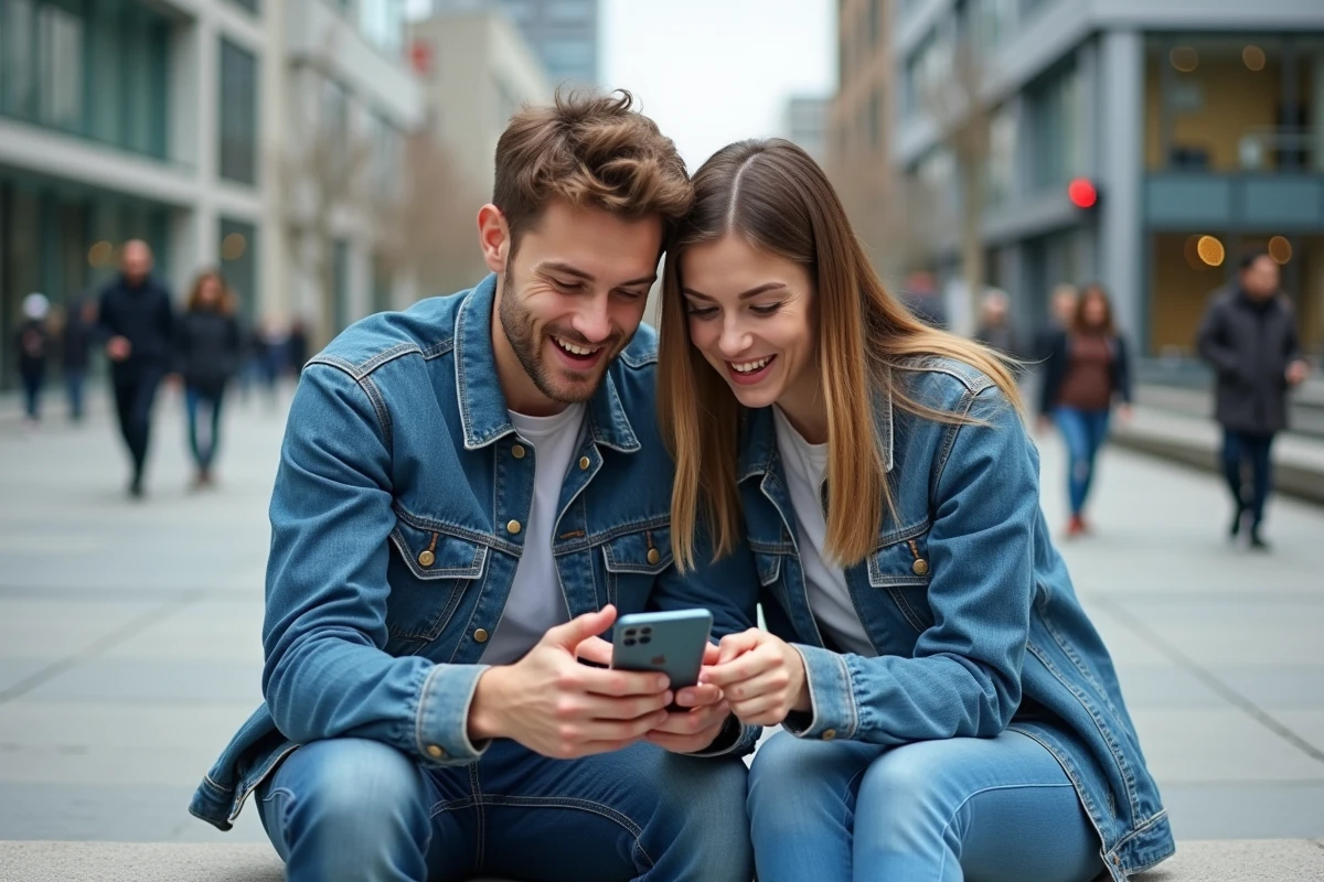 Deux amis comparant l'iPhone 15 en ville, discussion sur le passage d'Android à iPhone