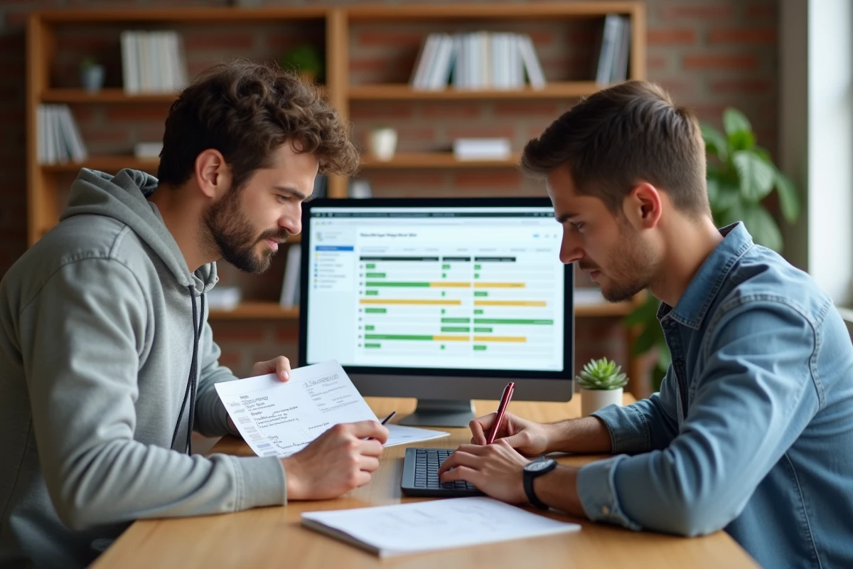 Deux collègues analysant les résultats d'un atelier feature by feature sur un outil de roadmap numérique dans un espace de coworking