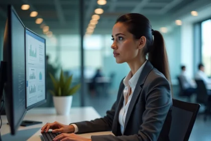 Analyste de données femme étudiant des informations sensibles sur écrans dans un bureau moderne, enjeux éthiques numériques 2026