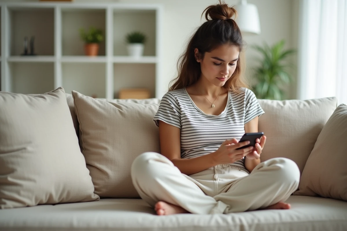 Jeune femme utilisant une application de correction orthographique sur téléphone portable depuis son salon à domicile