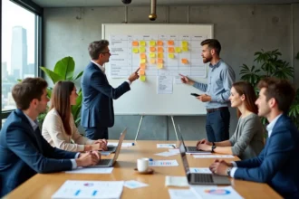 Équipe produit réunie autour d'une table de réunion pour évaluer les fonctionnalités d'une roadmap lors d'un atelier feature by feature