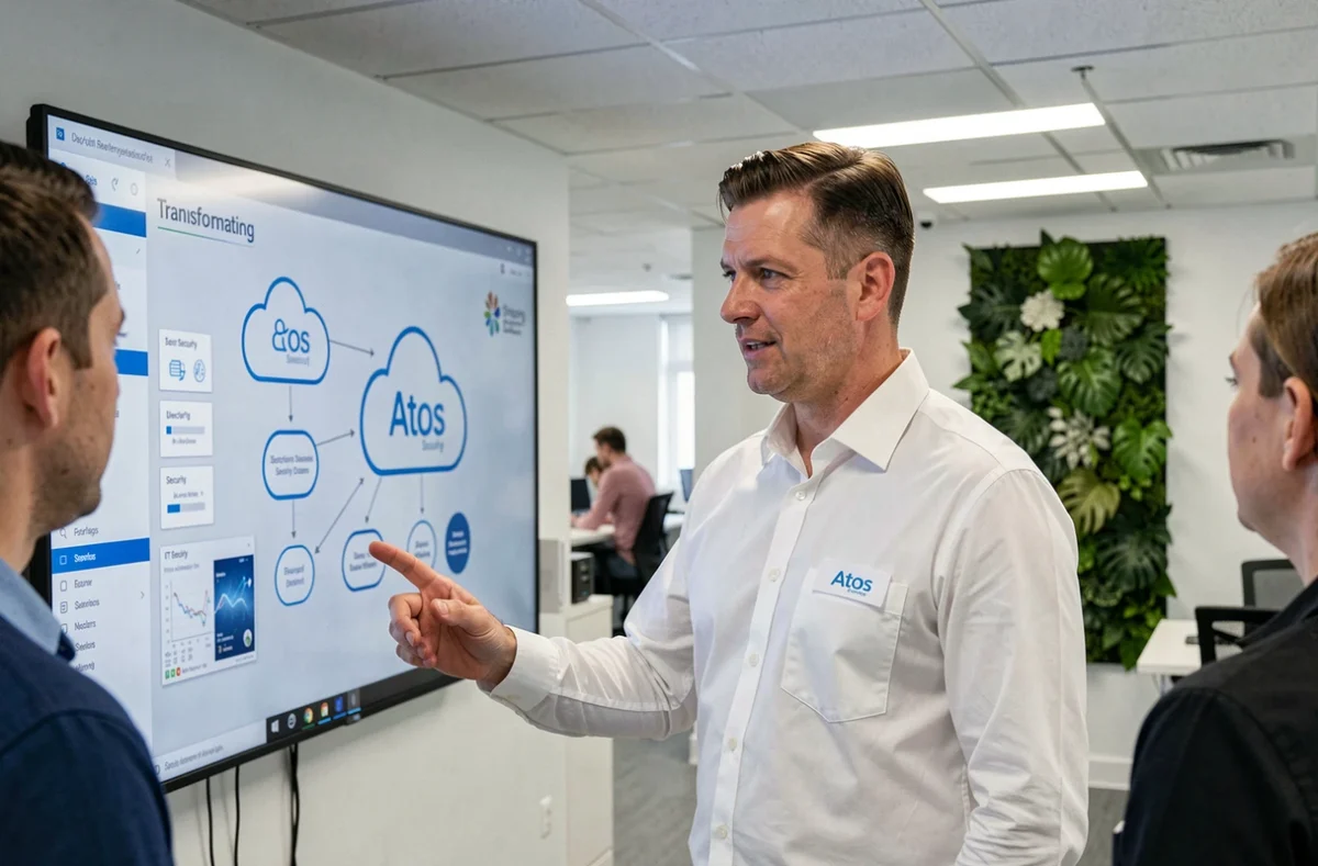 Professionnel de la sécurité IT Atos présentant une architecture de sécurité cloud dans un hub de transformation digitale