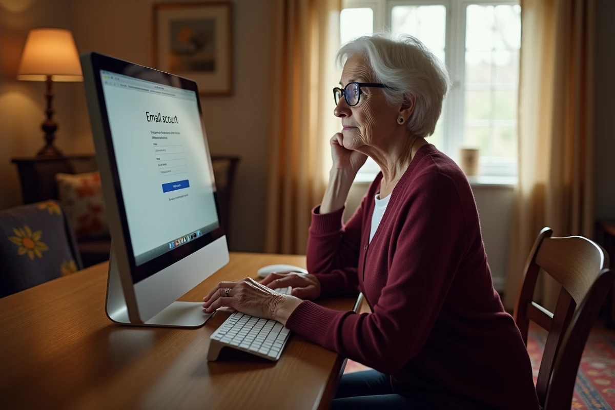 Femme senior créant une boîte mail Orange avec adresse personnalisée sur ordinateur de bureau à domicile