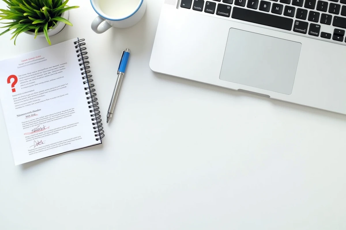 Vue aérienne d'un bureau avec un ordinateur ouvert sur Gmail, un carnet de notes et une confirmation email annotée avec des questions