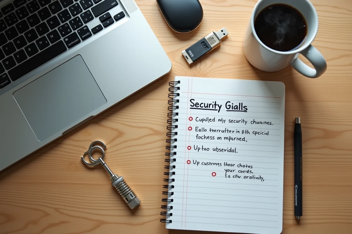Vue aérienne d'un bureau avec clavier d'ordinateur, carnet de notes de sécurité et clé USB représentant les outils de gestion des mots de passe