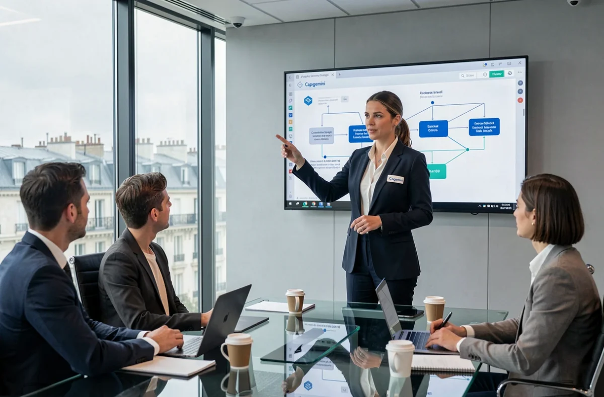 Consultante Capgemini présentant une stratégie de cybersécurité dans une salle de conférence moderne à Paris