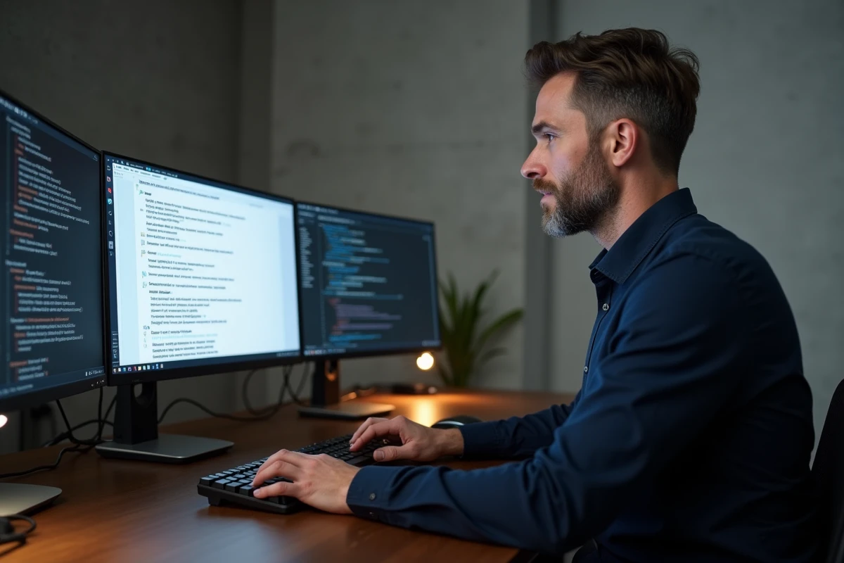 Homme consultant un document avec des lettres majuscules accentuées sur un ordinateur de bureau sous Windows ou Linux