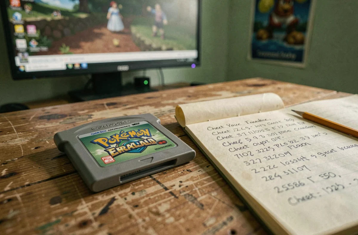 Cartouche Pokémon Émeraude Game Boy Advance posée sur une table avec un carnet de codes action replay manuscrits