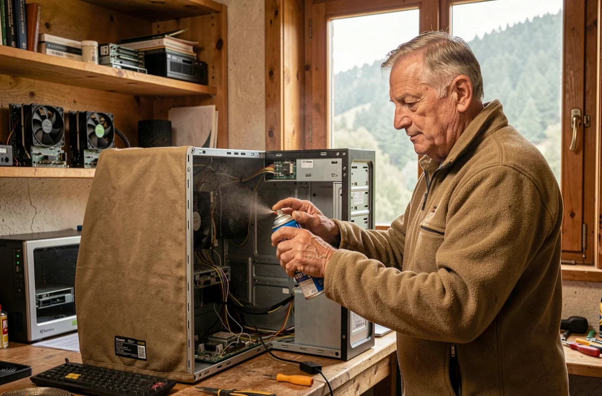 Réparateur informatique Charreyron Claude au Bessat nettoyant un ordinateur de bureau dans son atelier à domicile