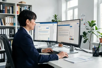 Chercheuse comparant la messagerie INRAE et Outlook Web sur deux écrans dans un bureau professionnel