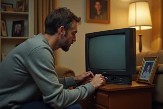 Homme branchant un Chromecast sur le port HDMI d'une ancienne télévision dans un salon chaleureux
