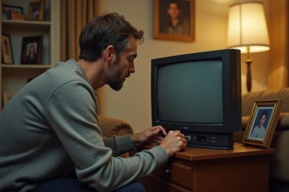 Homme branchant un Chromecast sur le port HDMI d'une ancienne télévision dans un salon chaleureux