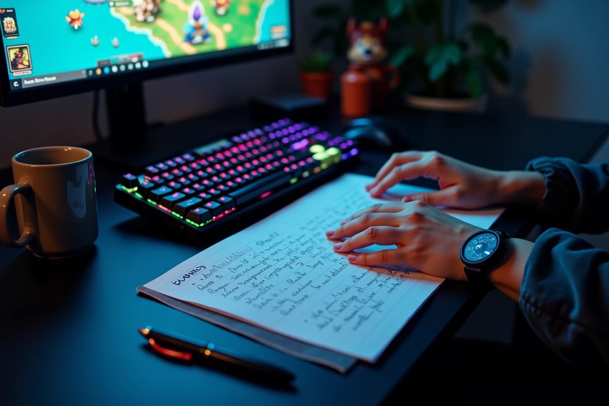 Gros plan sur les mains d'un joueur au clavier avec des notes stratégiques pour optimiser les spawns de Pokémon rares dans Minecraft