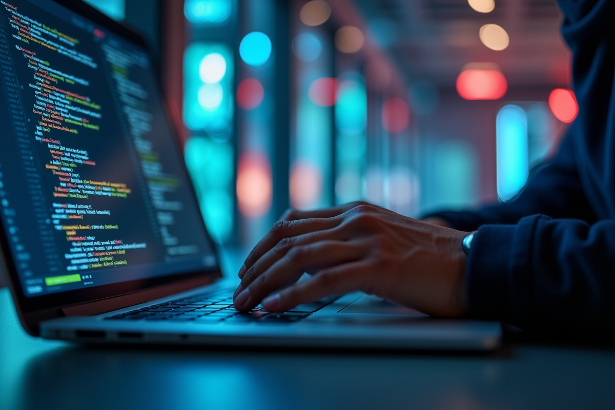Mains tapant sur un clavier avec diagrammes réseau affichés