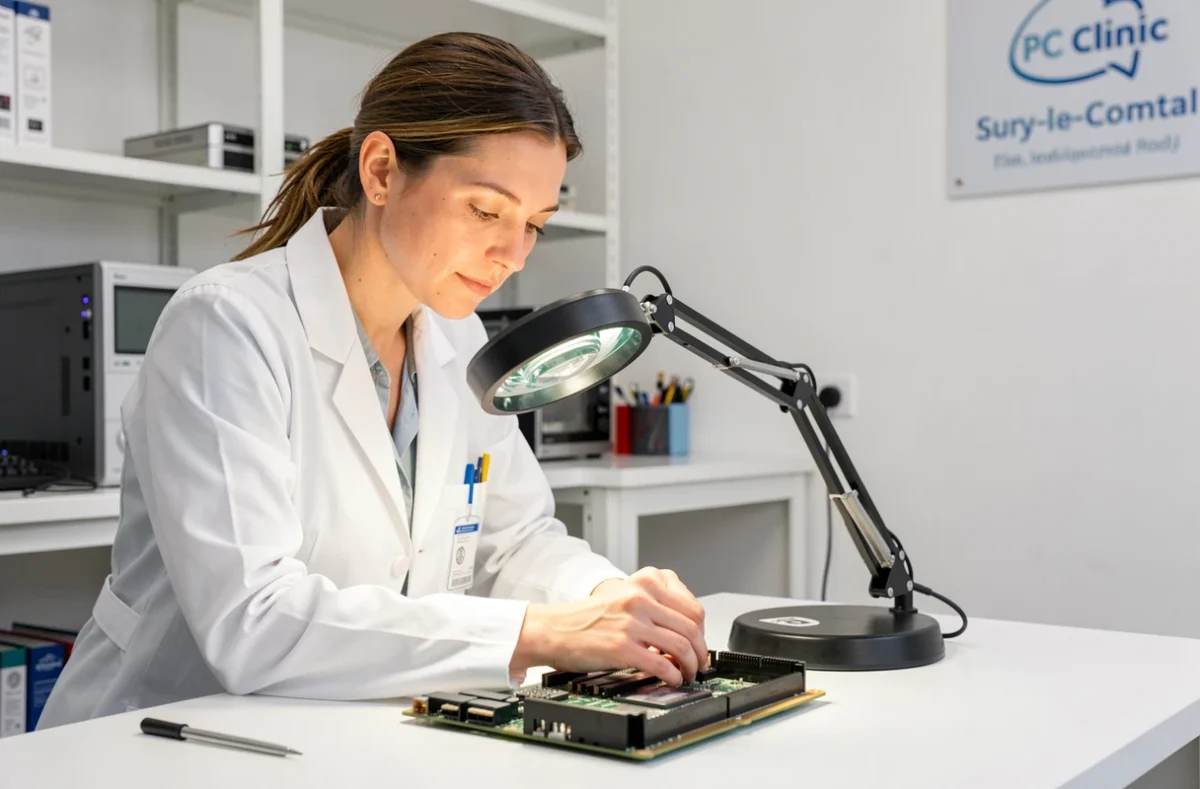 Technicienne de La Clinique du PC à Sury-le-Comtal examinant une carte mère sous une loupe d'établi