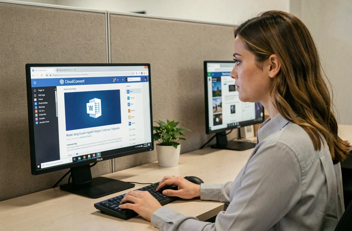 Femme utilisant CloudConvert pour convertir un fichier Pages en Word avec une mise en page fidèle