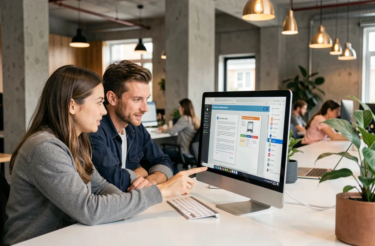 Deux adultes collaborant sur un cours d'informatique pour débutants en PDF sur un ordinateur de bureau dans un espace de coworking moderne