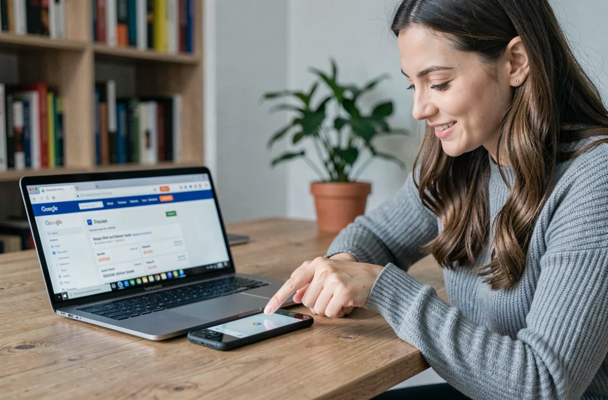 Femme comparant les prix du Google Pixel 6 sur internet depuis son bureau à domicile