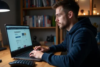 Jeune homme comparant des prix de jeux vidéo sur des sites de revente légaux depuis son bureau à domicile
