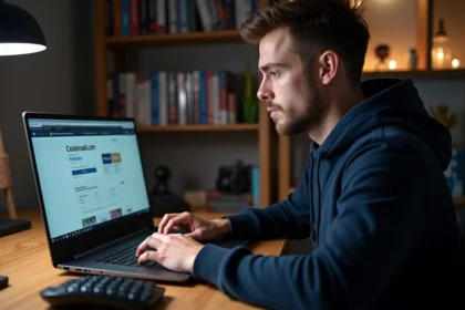 Jeune homme comparant des prix de jeux vidéo sur des sites de revente légaux depuis son bureau à domicile