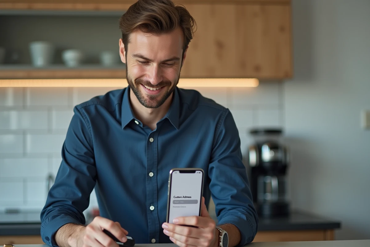 Homme configurant une boîte mail Orange avec une adresse personnalisée lisible sur smartphone