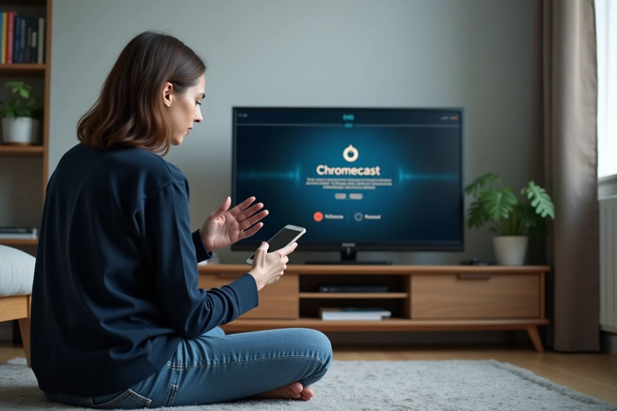 Femme configurant un Chromecast sur une ancienne télévision à écran plat avec son smartphone dans un appartement