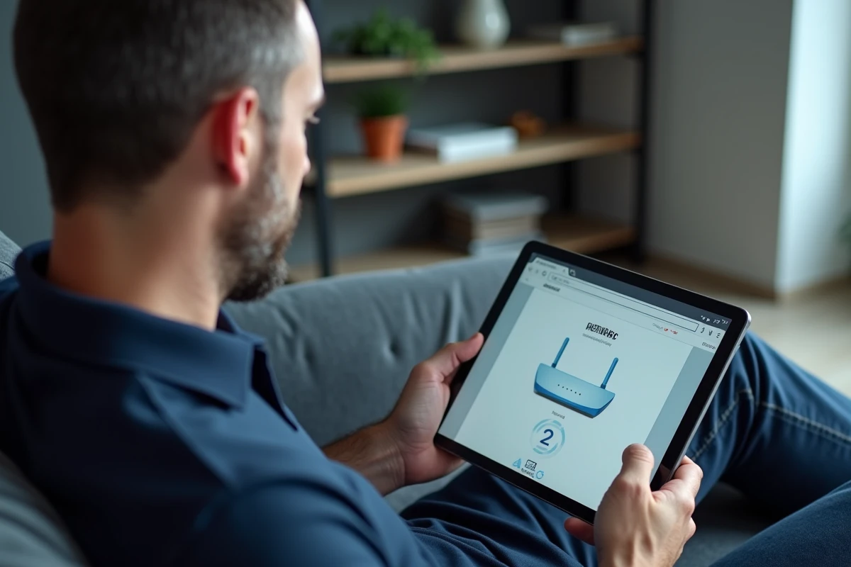 Homme consultant les paramètres réseau d'un routeur via une tablette dans un bureau à domicile moderne