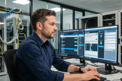 Technicien informatique configurant l'authentification TBS sur un réseau sécurisé dans une salle serveur professionnelle