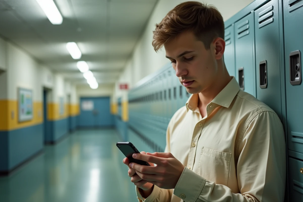 Enseignant consultant la configuration du webmail Créteil sur iPhone dans un couloir scolaire