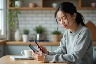 Femme configurant le webmail Créteil sur un smartphone Android dans une cuisine moderne