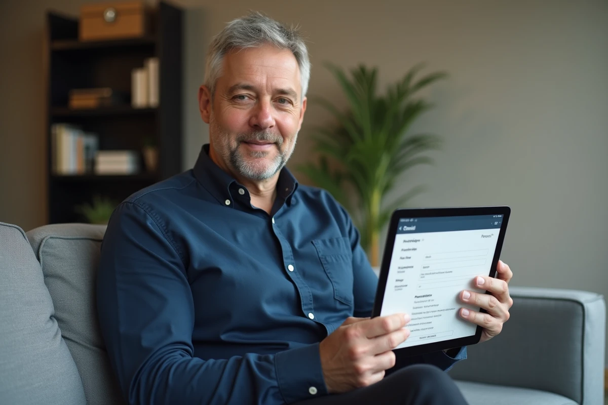Homme configurant un compte webmail académique de Créteil sur une tablette dans un salon