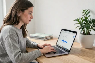 Femme connectée à son espace personnel Ilosca sur un ordinateur portable dans un bureau à domicile