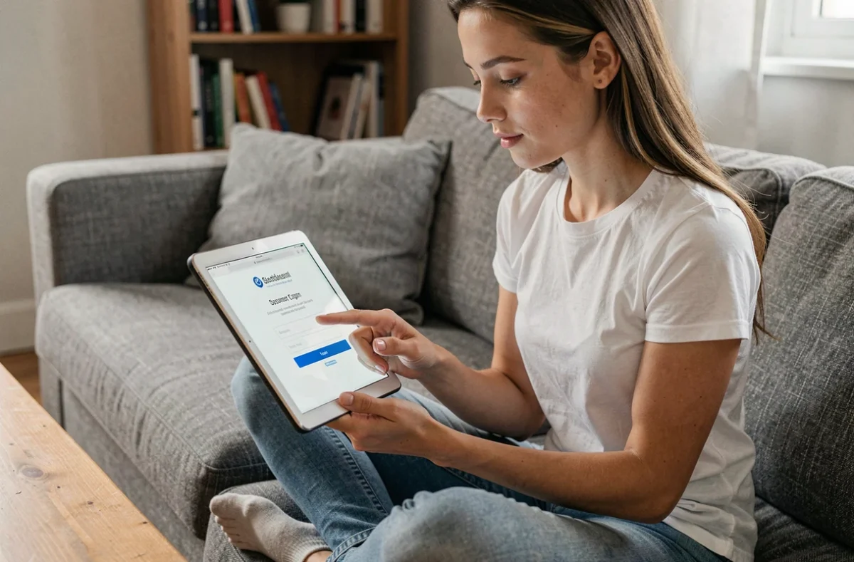 Jeune femme accédant à son compte Ilosca et réinitialisant son mot de passe depuis une tablette dans un salon