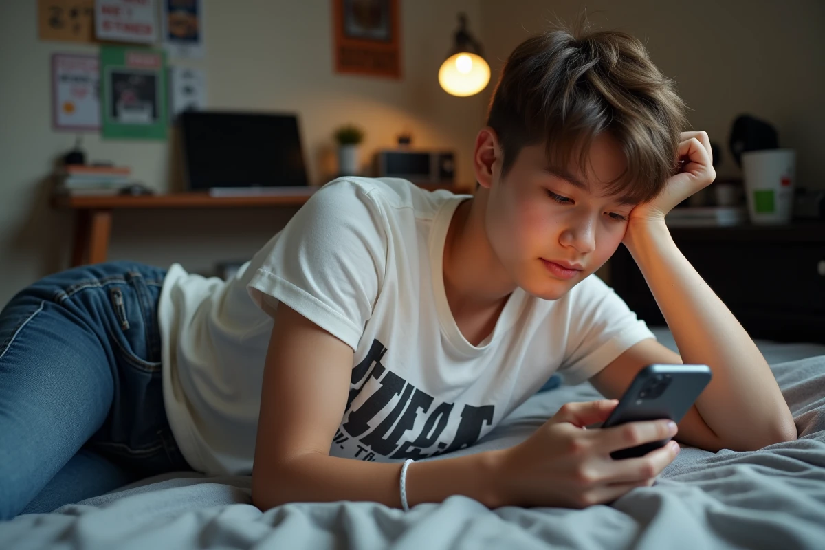 Adolescent accédant à la page de connexion d'un routeur via l'adresse IP locale sur smartphone allongé dans sa chambre