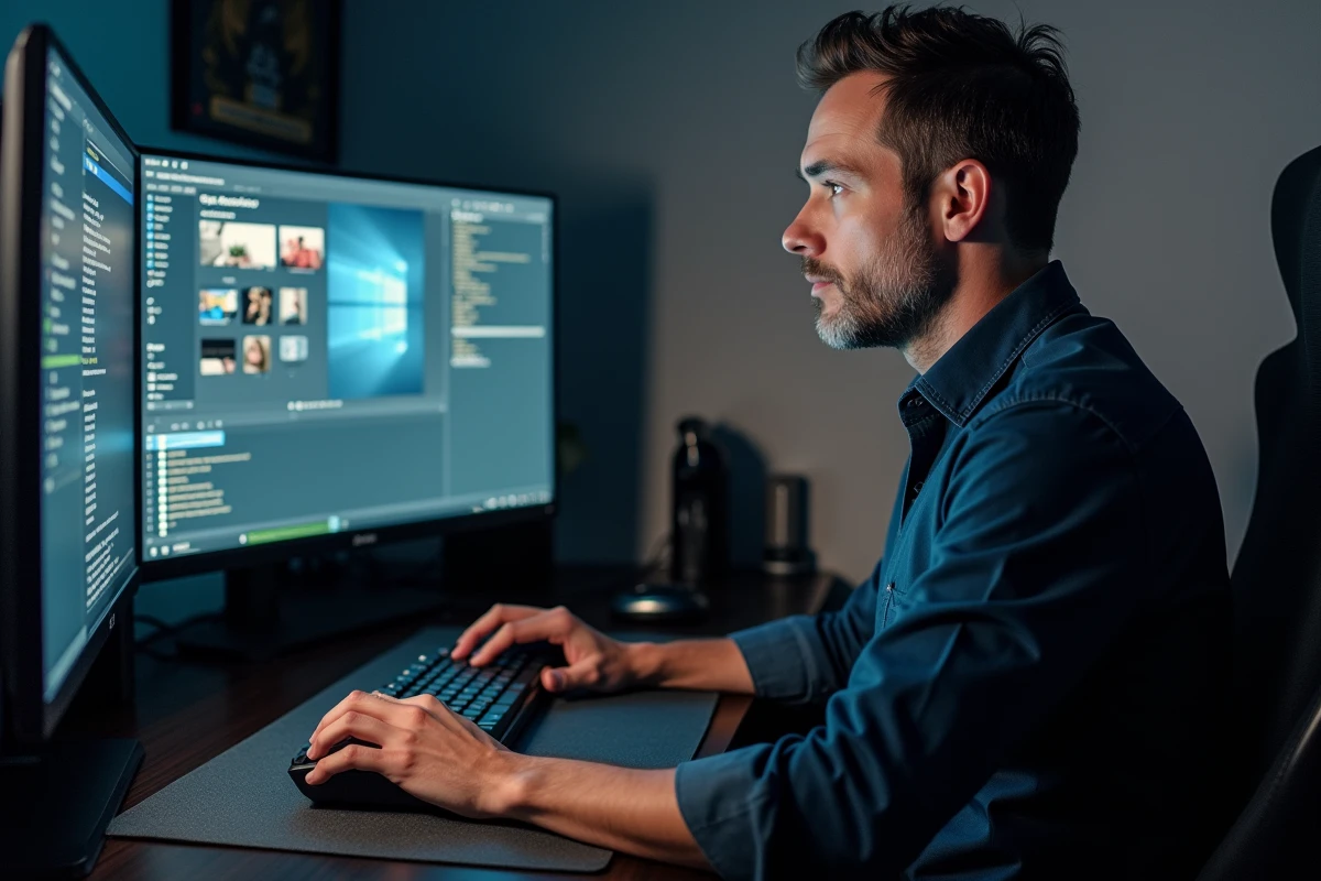 Homme convertissant un fichier JFIF en JPEG via le menu contextuel de Windows sur un poste de travail