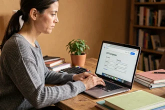 Femme travaillant sur un convertisseur d'octets en ligne depuis son bureau à domicile