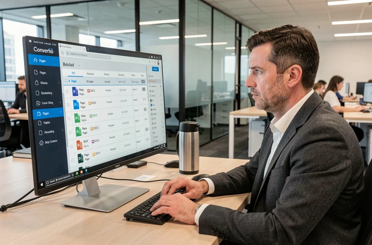 Homme utilisant Convertio pour convertir plusieurs fichiers Pages en DOCX en lot simultanément