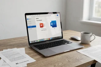Espace de travail avec MacBook affichant une interface de conversion de fichiers Pages en Word en 2026