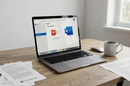 Espace de travail avec MacBook affichant une interface de conversion de fichiers Pages en Word en 2026