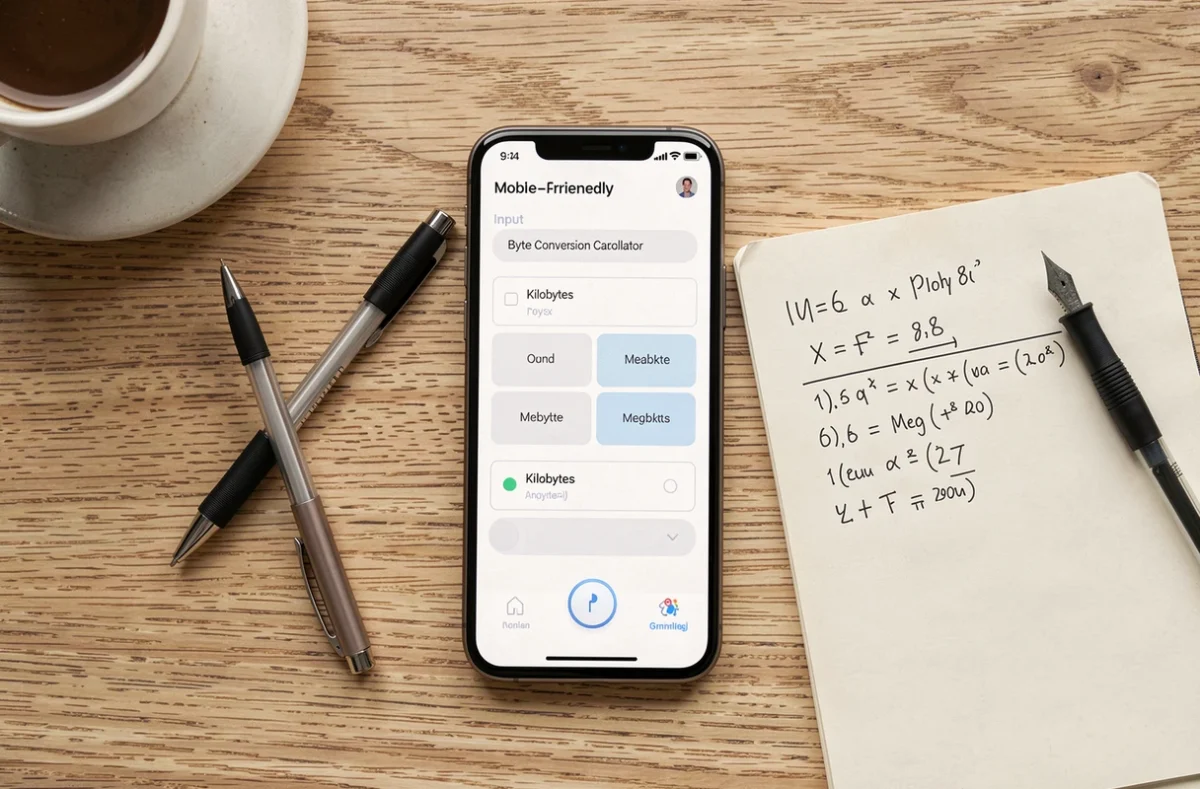 Calculateur de conversion d'octets affiché sur smartphone avec notes manuscrites sur table