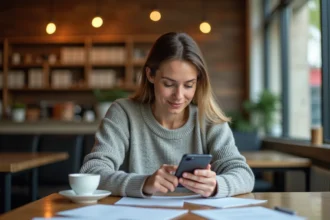 Femme utilisant un correcteur orthographique sur smartphone dans un café pour corriger un texte en français