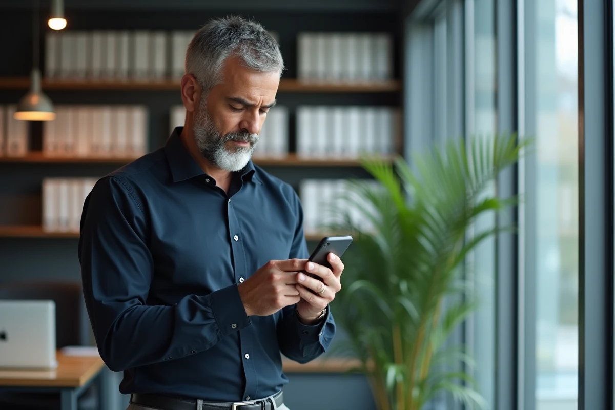 Homme professionnel corrigeant un document sur son smartphone dans un bureau avec un outil de correction grammaticale