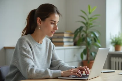 Femme créant une adresse email personnalisée Orange sur un ordinateur portable dans un bureau à domicile